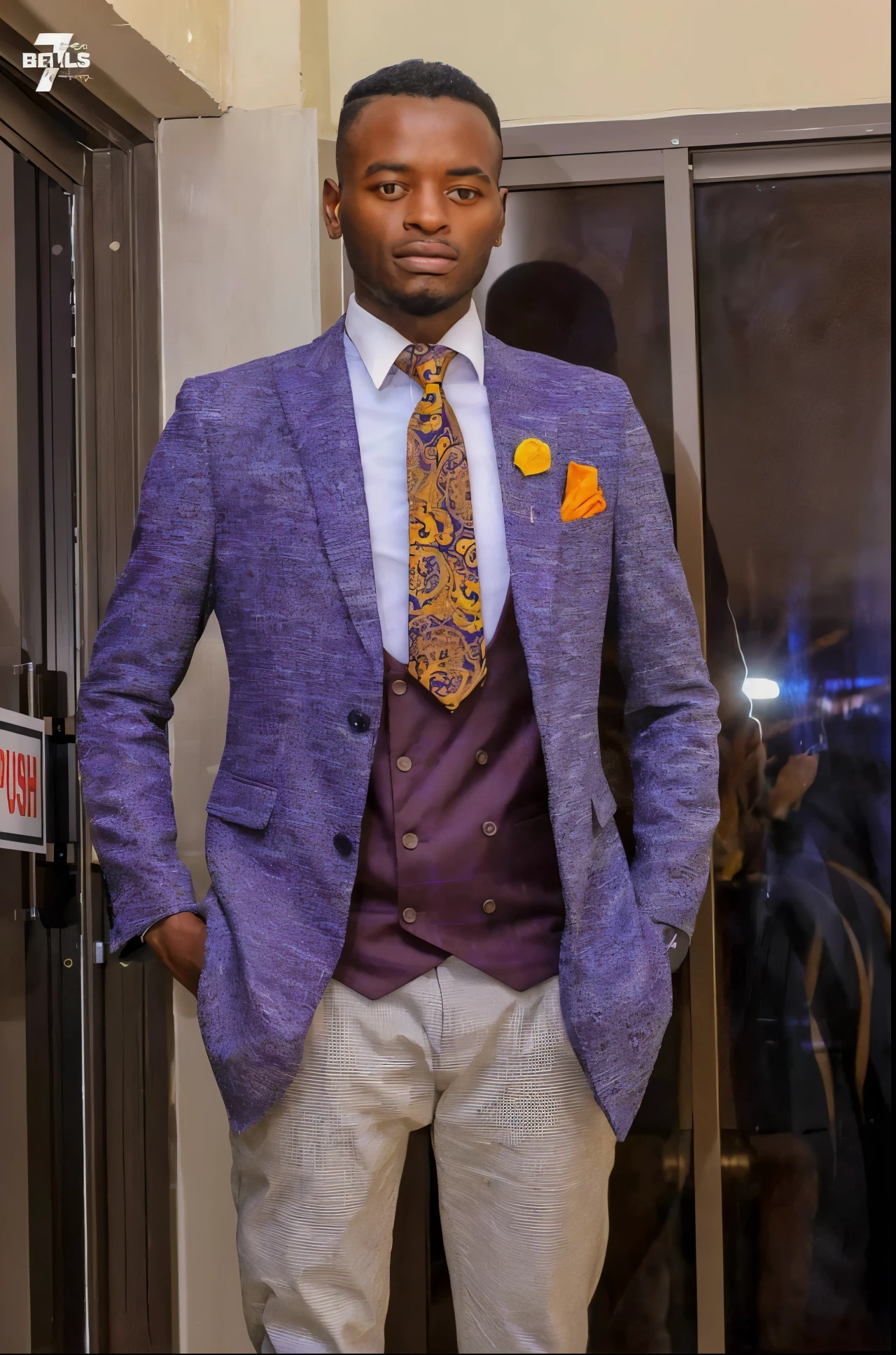 arafed man in a purple suit and tie standing in front of a door, guy using the purple fancy suit, a purple suit jacket, purple vest, well dressed, wearing a colorful men's suit, well - dressed, modern maximalist suit, intricate suit, wearing a stylish men's suit, suit and waistcoat, wearing an ornate suit, detailed style