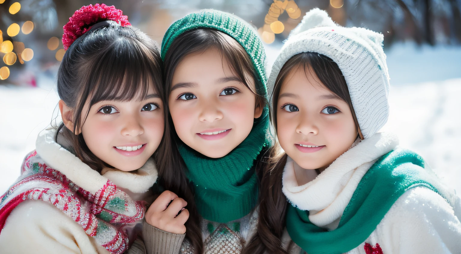 (best quality,fotorrealista,alta resolução),2GIRLS BLONDE CHILDREN HAIRBUN,belos olhos detalhados,beautiful detailed lips,sorridente,Rindo,fofo,Christmas Eve,Feliz,Divirta-se,Invernos,alegre,excitado,luzes cintilantes,Decorated Christmas Tree,Clew,atmosfera acolhedora,lareira quente,Magical moments,estrelas cintilantes,velas acesas,flocos de neve caindo,ground covered with fluffy snow,colorful holiday decorations,Cores vermelho e verde,vestidos elegantes,Soft scarves,Happy memories,valorizar a irmandade,amor e risadas、16 year old sisters、a baby face、infantil、looking at the camera、Caixa Presente