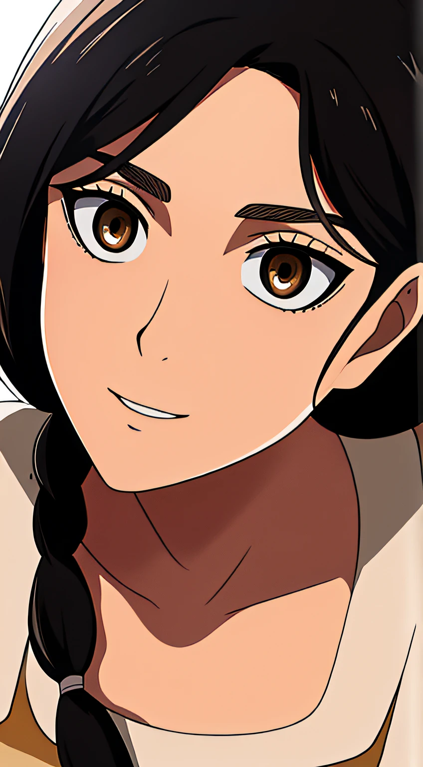 Camisa amarilla,escote, 鎖骨, mangas largas,Delantal blanco, cabello negro, brown eyes, flequillo, single braid, 1 girl in, 20yo,Mujer joven,hermoso cuerpo,Hermosa nariz,Beautiful character design, ojos perfectos, Cara perfecta,ojos expresivos, Mirando al espectador,(superior_cuerpo),(primer plano),(Focus on her face), Arte Oficial, face, breasts, big breasts, armpits