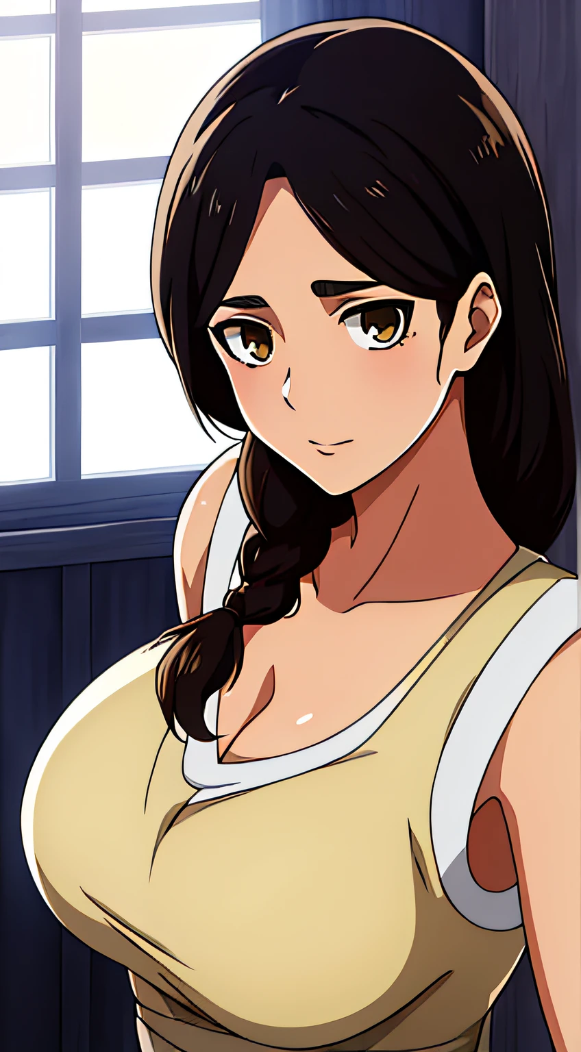 Camisa amarilla,escote, 鎖骨, mangas largas,Delantal blanco, cabello negro, brown eyes, flequillo, single braid, 1 girl in, 20yo,Mujer joven,hermoso cuerpo,Hermosa nariz,Beautiful character design, ojos perfectos, Cara perfecta,ojos expresivos, Mirando al espectador,(superior_cuerpo),(primer plano),(Focus on her face), Arte Oficial, face, breasts, big breasts, armpits