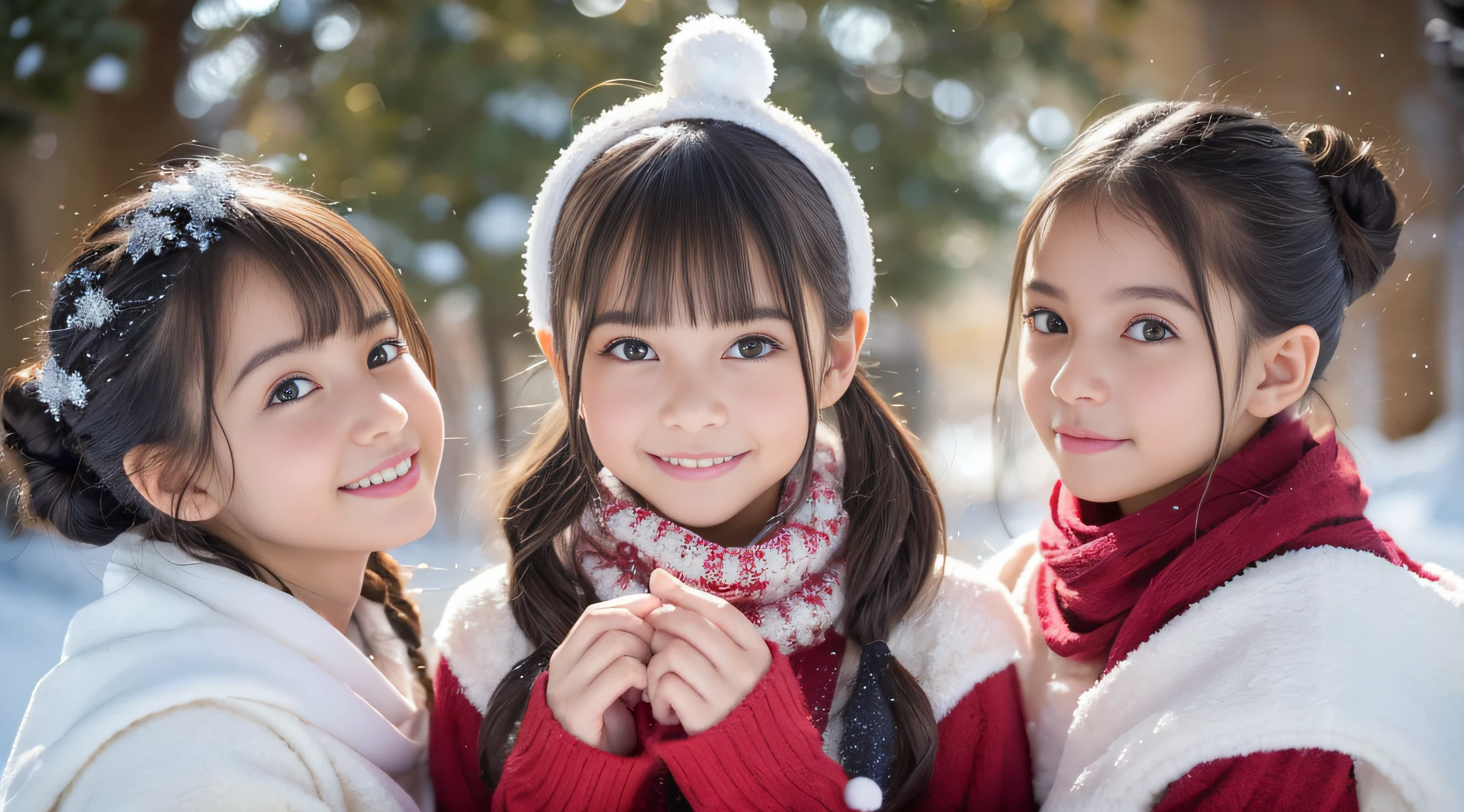 (melhor qualidade,fotorrealista,alta resolução),2GIRLS BLONDE CHILDREN HAIRBUN,belos olhos detalhados,beautiful detailed lips,sorridente,Rindo,fofo,Christmas Eve,Feliz,Divirta-se,Invernos,alegre,excitado,luzes cintilantes,Decorated Christmas Tree,Clew,atmosfera acolhedora,lareira quente,Magical moments,estrelas cintilantes,velas acesas,flocos de neve caindo,ground covered with fluffy snow,colorful holiday decorations,Cores vermelho e verde,vestidos elegantes,Soft scarves,Happy memories,valorizar a irmandade,amor e risadas、 sisters、a baby face、iooking at mera、Caixa Presente