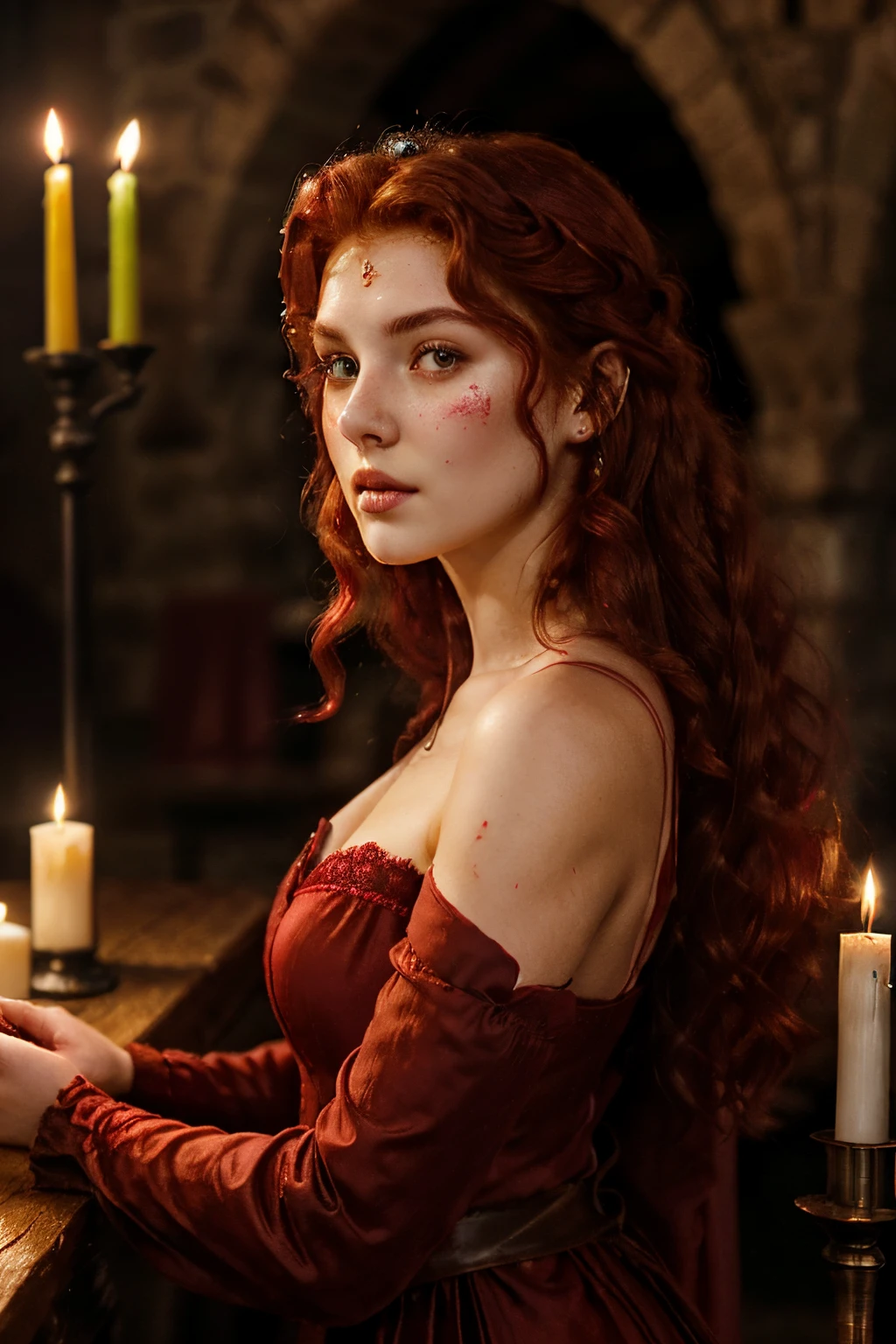 fair complexion, woman around 19 years old, natural red curly hair, distinctive green eyes, slender and graceful, beautiful, she is cover in blood, candlelight in a medieval setting, ultra sharp focus, realistic shot, naked