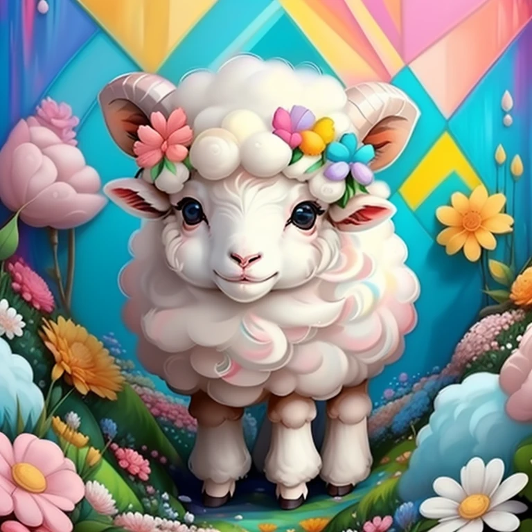 (cute  sheep with flowers),(melhor pose),(best angle), (better expression), Eduardo Kobra acolchoamento ,multidimensional geometric wall PORTRAIT, arte, Chibi,
Yang08k, lindo, Colouring,
Primary works, qualidade superior, melhor qualidade, Arte Oficial, Beautiful and Aesthetic, pelos coloridos,