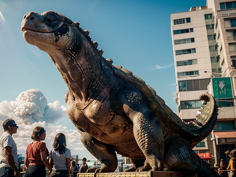 close-up a giant godzilla style monster bigger than buildings with the face of a sea turtle walking with an ice cream cart the crowd with drama of amazement wanting a giant ice cream, professional photography, film dramaof two cute hands taking a health pill capsule