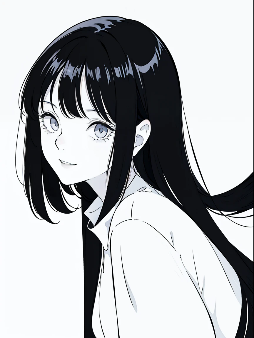 (Anime girl with long black hair and white shirt),((black and white portrait)),Black and white picture,Smile,Minimalist painting,Simple touches,messy  hair,Shy,Pure white shirt,heavy makeup,full head shot,Apply lipstick to your mouth,Side body,empty background