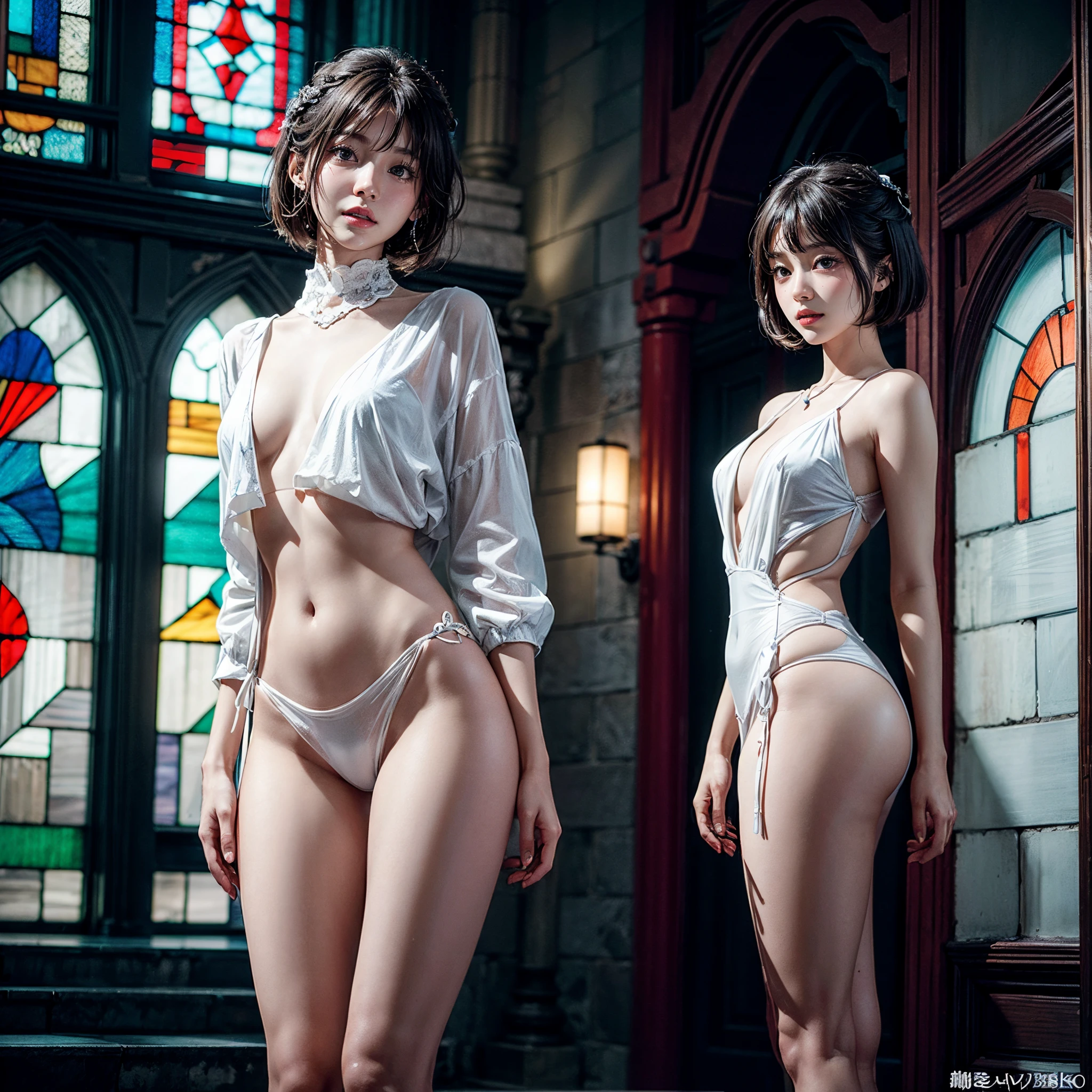 ( Masterpiece, White and vivid colors, (Exposed:1.2), (nipple:-0.9)), (((Renbutsu Misako|Misako Renbustu))), ((face variations)), { Navel | pretty Ass }, portrayed in the best quality and high resolution. The image should be ultra-detailed, realistic, and photorealistic with a touch of rawness. concept art. The color tone should be vibrant and vivid, enhancing the overall visual impact. (Whole Body proportions and all limbs are anatomically accurate), (Vivid Colorful light shines through the delicate stained glass).  delicate limbs, Detail of sparkling oiled ivory skin, (short Bob, delicate wear) .