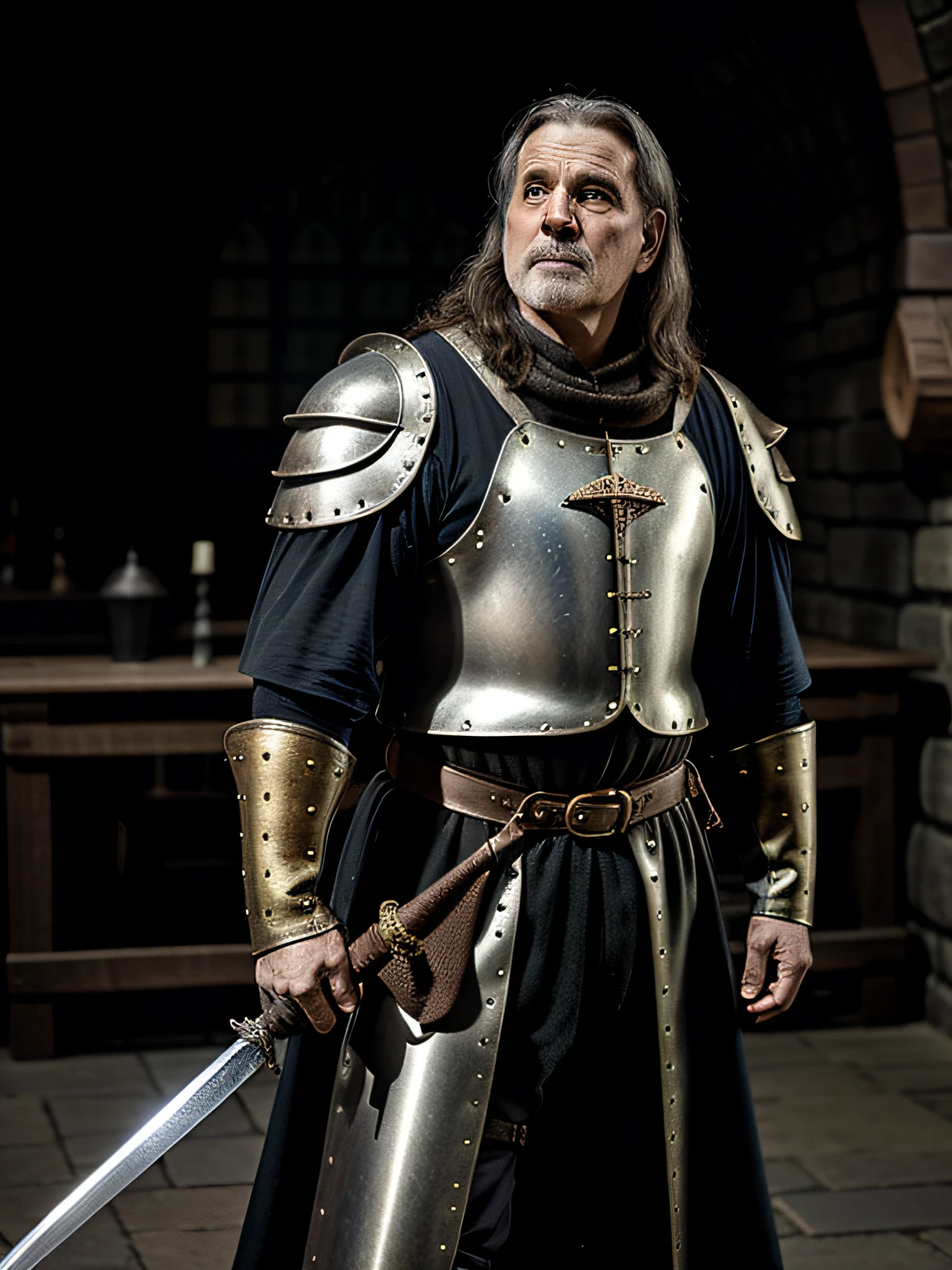 An old man from medieval times with a cinematic rusty sword