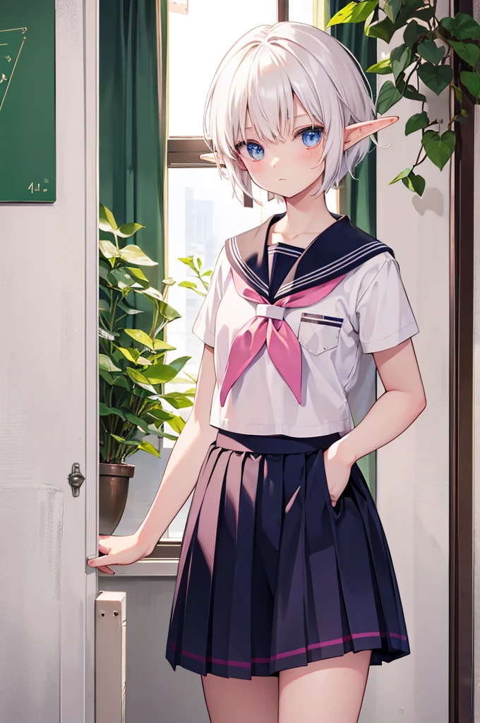 male elf, short white hair, masculine, stuck in a pink girls sailor school uniform,