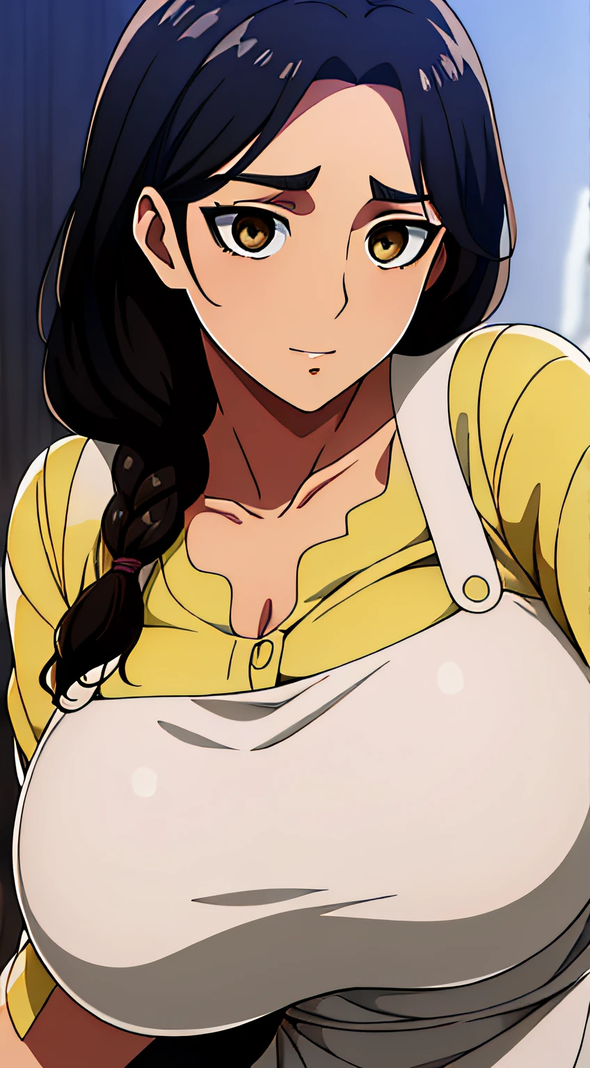 Camisa amarilla,escote, 鎖骨, mangas largas,Delantal blanco, cabello negro, brown eyes, flequillo, single braid, 1 girl in, 20yo,Mujer joven,hermoso cuerpo,Hermosa nariz,Beautiful character design, ojos perfectos, Cara perfecta,ojos expresivos, Mirando al espectador,(superior_cuerpo),(primer plano),(Focus on her face), Arte Oficial, face, breasts, big breasts, armpits