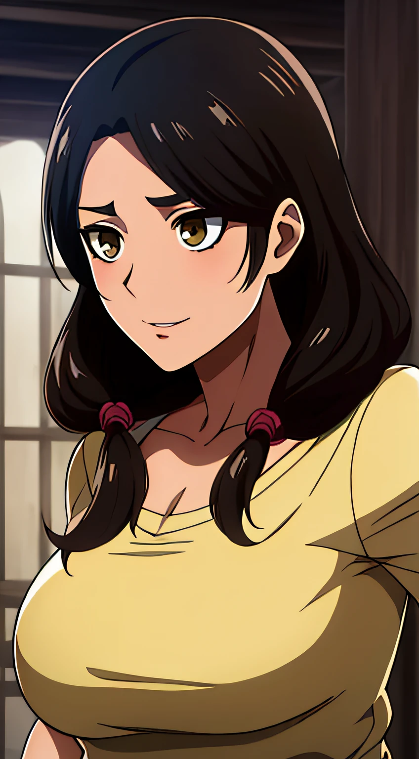 Camisa amarilla,escote, 鎖骨, mangas largas,Delantal blanco, cabello negro, brown eyes, flequillo, single braid, 1 girl in, 20yo,Mujer joven,hermoso cuerpo,Hermosa nariz,Beautiful character design, ojos perfectos, Cara perfecta,ojos expresivos, Mirando al espectador,(superior_cuerpo),(primer plano),(Focus on her face), Arte Oficial, face, breasts, big breasts, armpits