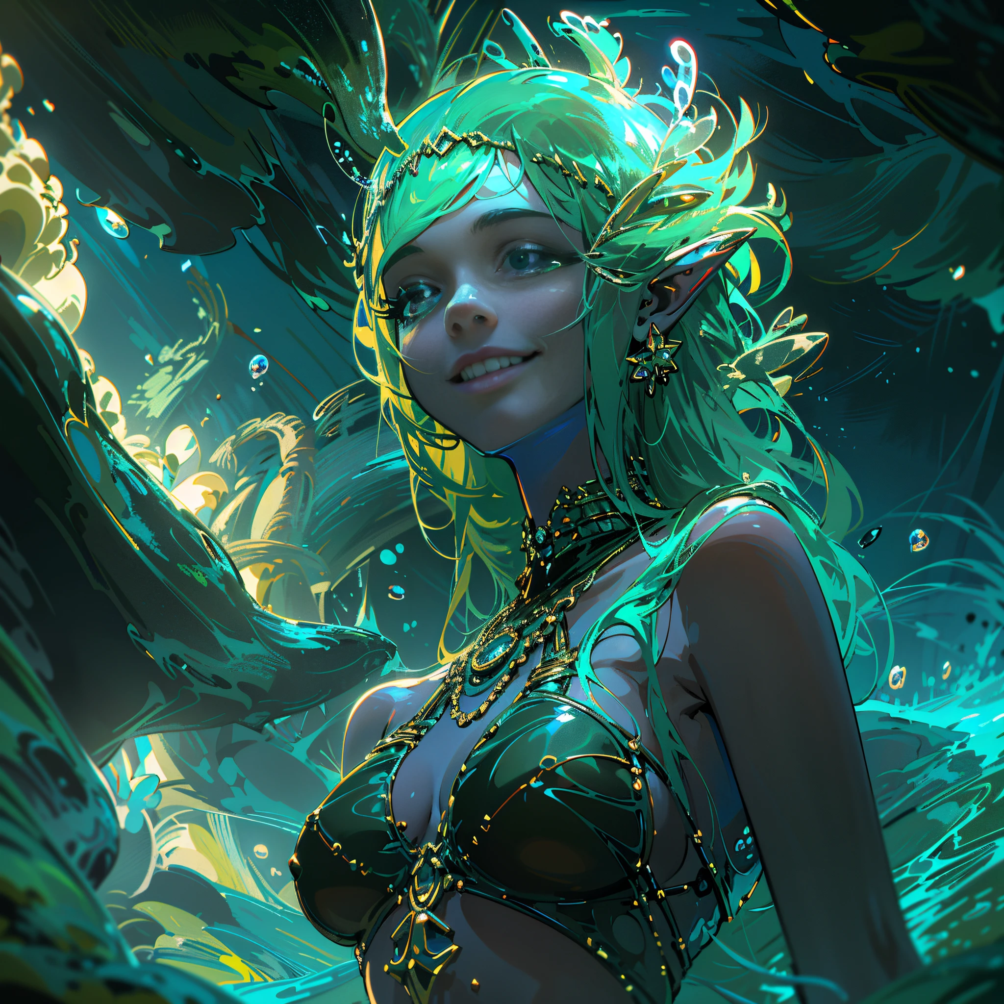 (Best quality, 8k, 32k, Masterpiece, UHD:1.2) water nymph welcomes you to her private cavern, deep underground, subterranean, jewelry, clothed, sfw, atlantis, warm light, bioluminescent, smile