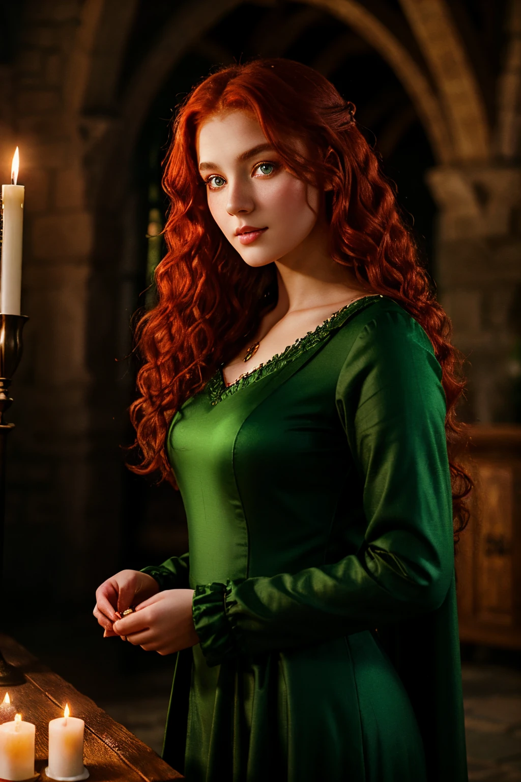 fair complexion, woman around 19 years old, natural curly red hair, distinctive green eyes, wearing kohl, slender and graceful, beautiful, candlelight in a medieval setting, ultra sharp focus, realistic shot, medieval female red clothes, tetradic colors