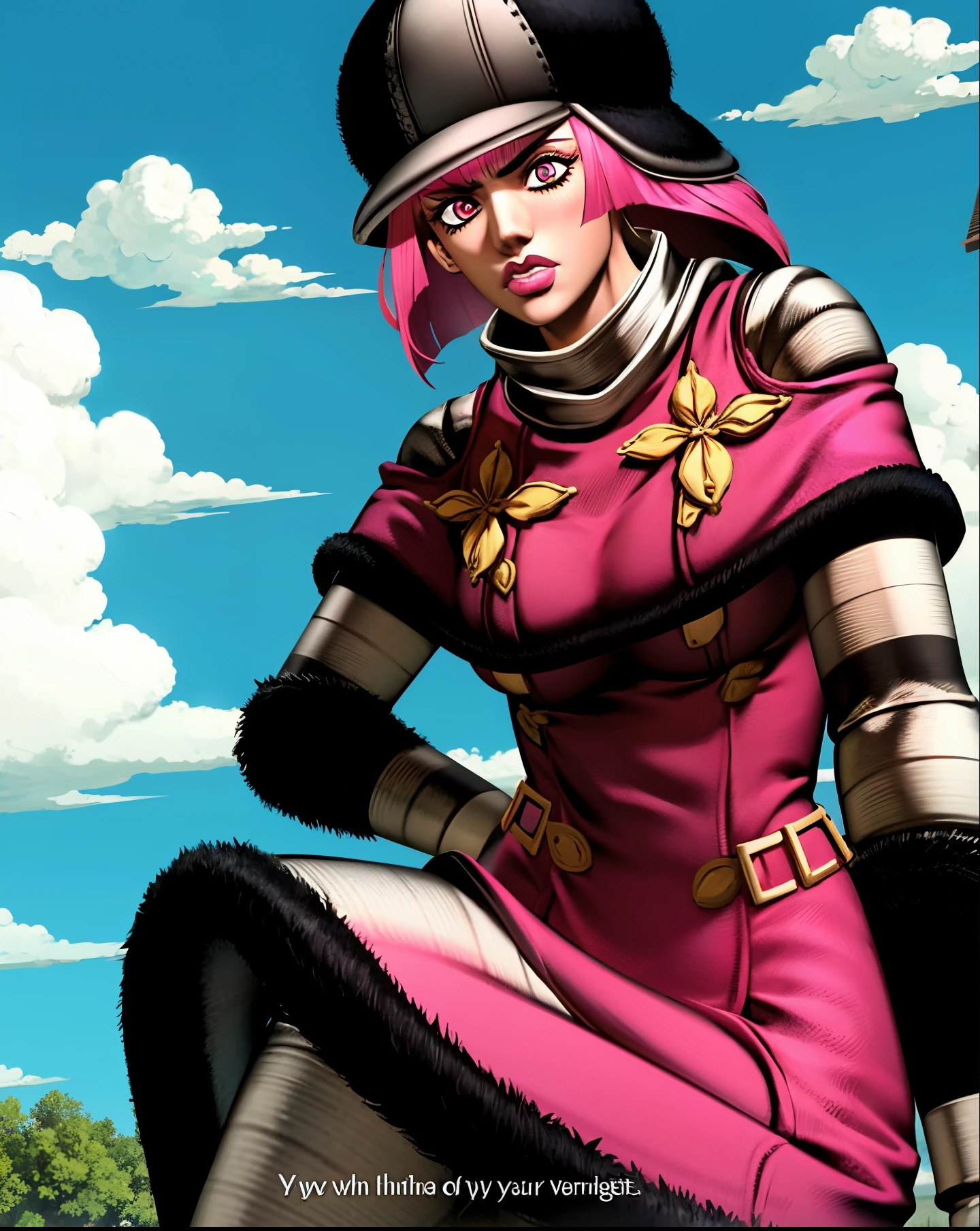 masterpiece, best quality, lucy steel, Hot pants, solo, 1girl, pink hair, blunt bangs, pink lipstick, pink eyes, pink dress, black frills, striped sleeves, striped pants, hat, All-Star_R Style, fake screenshot