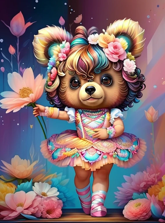 (cute baby bear with ballet dancer dress and flowers),(melhor pose),(best angle), (better expression), Eduardo Kobra acolchoamento ,multidimensional geometric wall PORTRAIT, arte, Chibi,
Yang08k, lindo, Colouring,
Primary works, qualidade superior, melhor qualidade, Arte Oficial, Beautiful and Aesthetic, pelos coloridos,