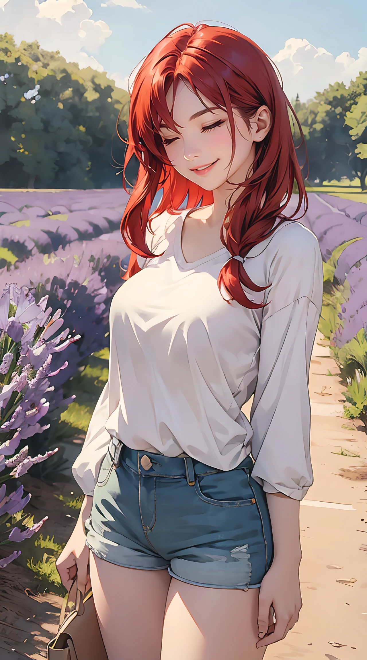 (masterpiece, best quality), 1 girl, perfect body, big breasts, red hair, green eyes, wearing a white shirt and shorts, ((shy expression)), lavender field