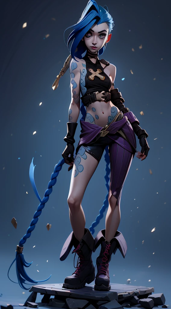 Conception des personnages de Jinx, Mouvements dynamiques, poitrine nue, couvrir la poitrine avec ses mains, gonflé , derrière, Chaton, sexypose, belle silhouette, Le Jinx d'Arcane, Des étincelles bleu vif et violet tout autour, Des yeux brillants, Yeux brillants roses, cheveux longs, cheveux, tressées en longues tresses, Les queues de cochon pendent sous le genou, La couleur des cheveux passe du bleu vif au bleu marine, Vêtu d'une culotte marron, Bottes en cuir aux pieds, Haut avec cercle quatres dorés sur la poitrine au milieu de la poitrine, Tatouages de nuages bleus sur les épaules et la taille, frange longue, accroché sur le côté droit, Ceinture avec cartouches sur la ceinture, Style Arcane, fond d’écran CG unity 8k extrêmement détaillé, Lumière détaillée, éclairage cinématographique, aberration chromatique, brillant, inexpressif, composition épique, sombre en arrière-plan, Cherecter Desing, très détaillée, corps détaillé, Vibrants, face détaillée, mise au point nette, Art d'Anime, Vibrants, face détaillée, Hugh Détails, mise au point nette, Visage très tombant, Un œil détaillé, Illustration super fine, meilleure ombre, Détails finement, Belle lueur détaillée, Beau détaillé, extrêmement détaillée, inexpressif, composition épique,