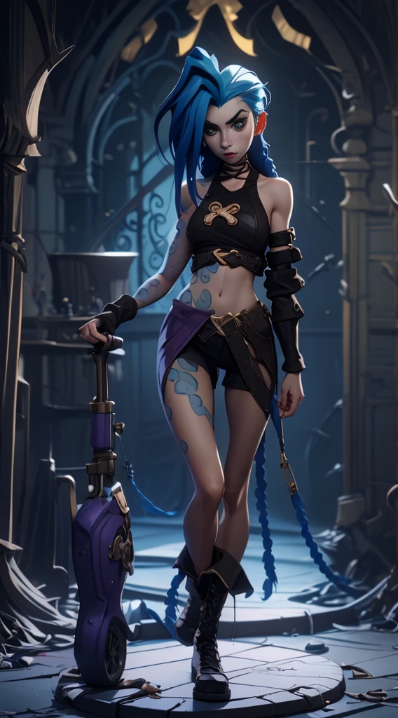 Conception des personnages de Jinx, Mouvements dynamiques, poitrine nue, couvrir la poitrine avec ses mains, gonflé , derrière, Chaton, sexypose, belle silhouette, Le Jinx d'Arcane, Des étincelles bleu vif et violet tout autour, Des yeux brillants, Yeux brillants roses, cheveux longs, cheveux, tressées en longues tresses, Les queues de cochon pendent sous le genou, La couleur des cheveux passe du bleu vif au bleu marine, Vêtu d'une culotte marron, Bottes en cuir aux pieds, Haut avec cercle quatres dorés sur la poitrine au milieu de la poitrine, Tatouages de nuages bleus sur les épaules et la taille, frange longue, accroché sur le côté droit, Ceinture avec cartouches sur la ceinture, Style Arcane, fond d’écran CG unity 8k extrêmement détaillé, Lumière détaillée, éclairage cinématographique, aberration chromatique, brillant, inexpressif, composition épique, sombre en arrière-plan, Cherecter Desing, très détaillée, corps détaillé, Vibrants, face détaillée, mise au point nette, Art d'Anime, Vibrants, face détaillée, Hugh Détails, mise au point nette, Visage très tombant, Un œil détaillé, Illustration super fine, meilleure ombre, Détails finement, Belle lueur détaillée, Beau détaillé, extrêmement détaillée, inexpressif, composition épique,