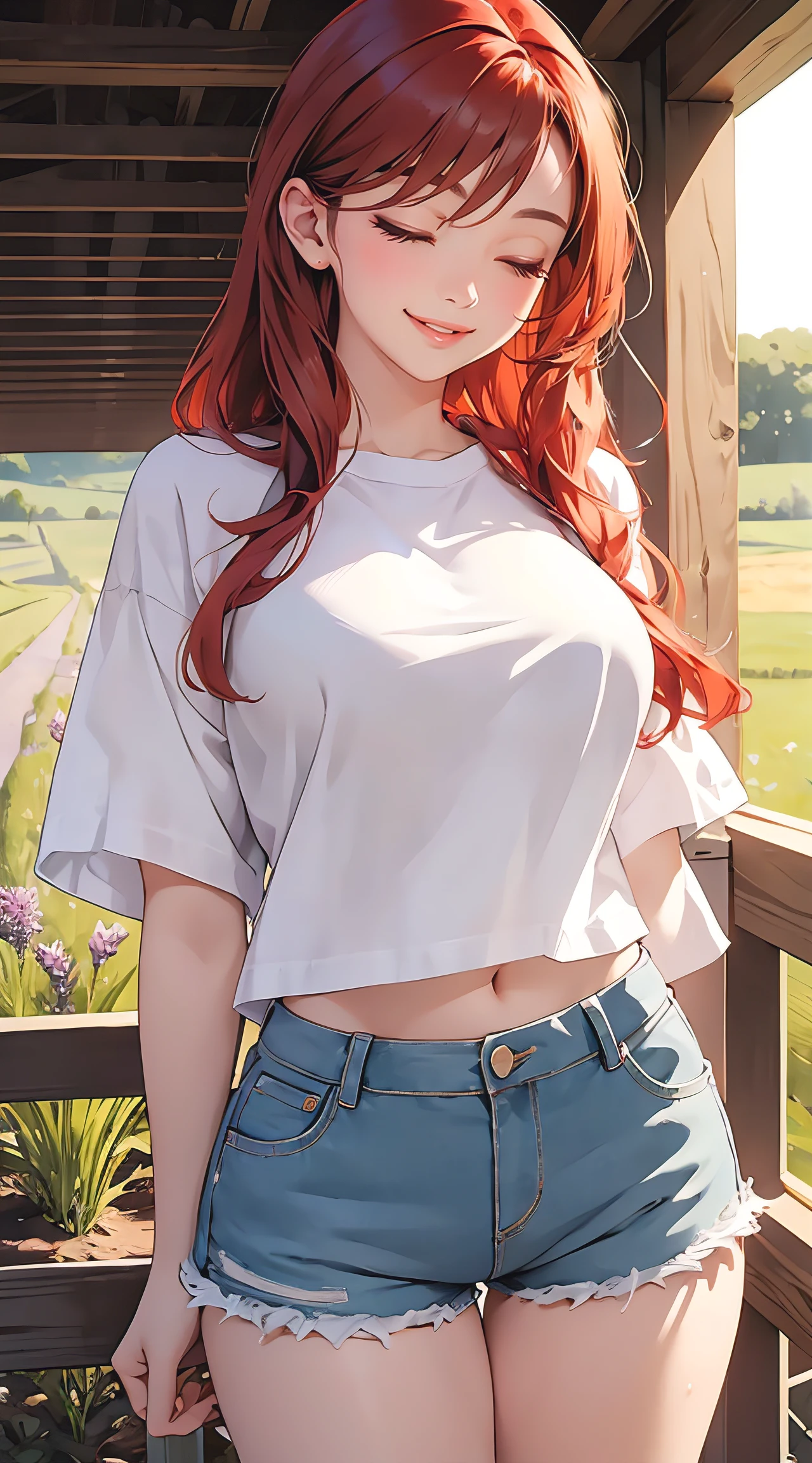 1girl, anime girl, anime, (dark skin), stylish girl, 2d girl, 18y, (fullbody), in bed, anime girl, seductive smile, (orange hair), ((white blouse)), Solo, Slim, Big Breasts, Tight Shorts, low waist shorts, upshorts, sitting on the bed, night background through the window, looking at viewer, (((spread legs))), (((Wedgie))), (((shorts))), (((absurdres))), (((thigh gap))), (((cameltoe))), (((lowleg shorts))),