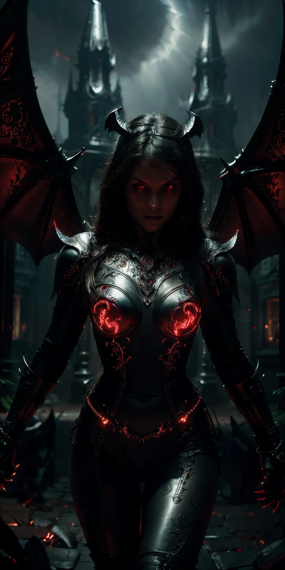 Fine, (Best Illustration), 8k Resolution, Intricate Details, Best Quality, Realistic, Ultra Detailed, Best Lighting, Best Shadows, Ultra HD, A Necromancer, Night, Magic, Dark Style, Vampire, Bat wings, red glowing eyes