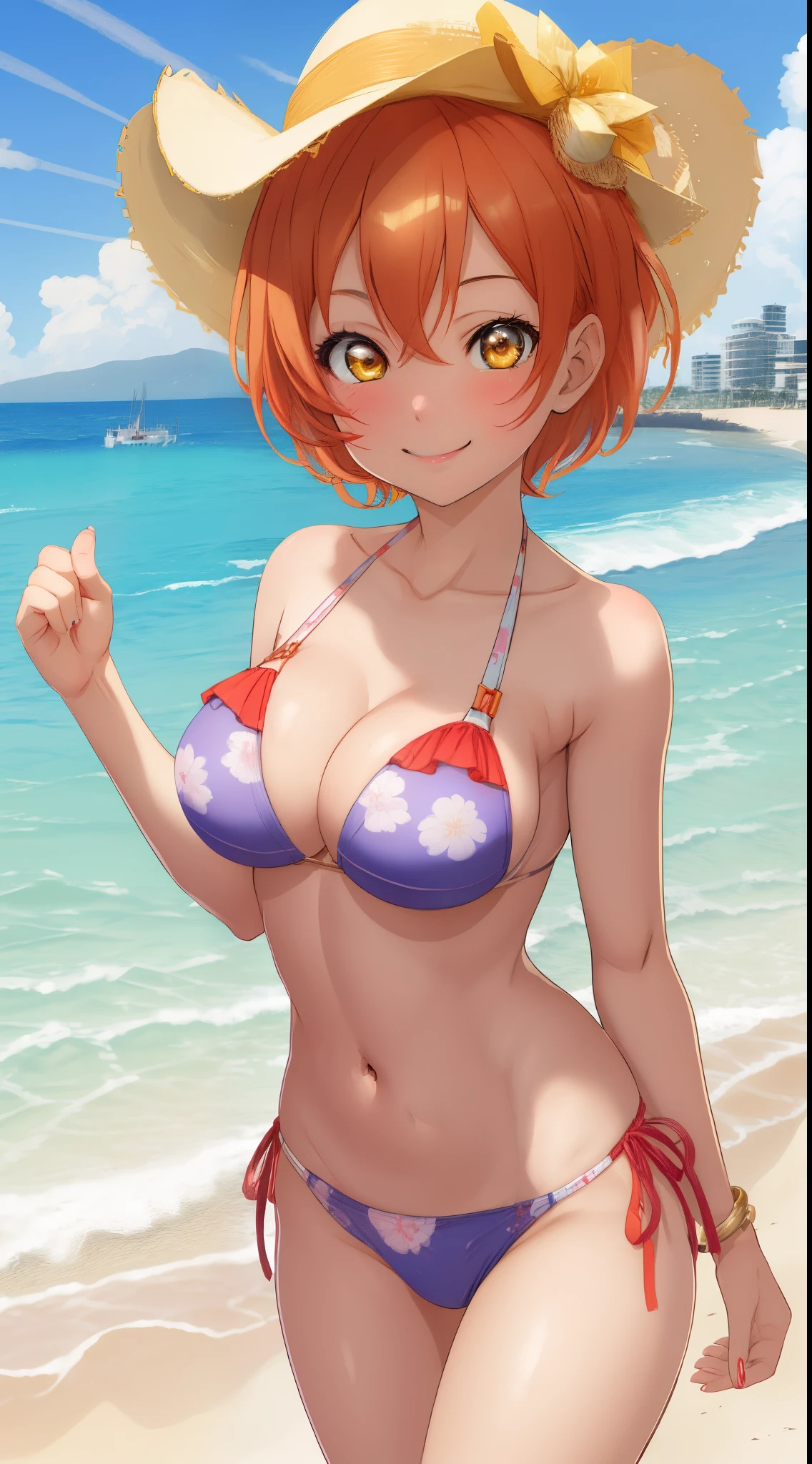 Masterpiece, sksrin, beautiful urban female model, facial details, detailed body part details, 8k wallpaper, looking at viewer, Hoshizora rin, short hair, most beautiful bikini, thighs, golden ,glowing eyes, cowboy shot, sexy, cleavage, cameltoe, embarrassed pose, beach, smile