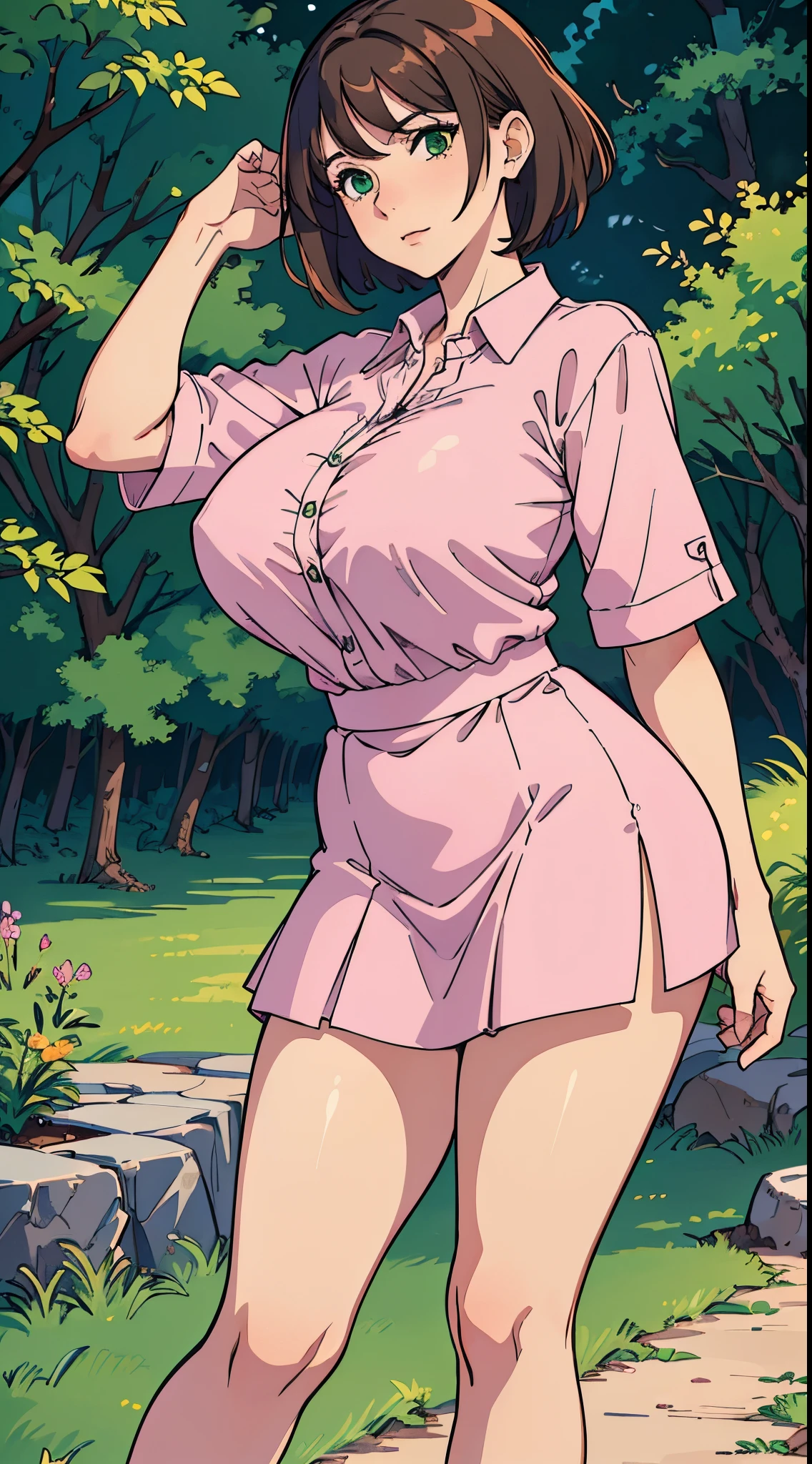 (best quality,4k,highres,ultra-detailed,realistic:1.2), milf, large hips, huge tits, short brown hair, green eyes, pink shirt, Short social skirt, high heels, (1woman), idle pose, fullbody.