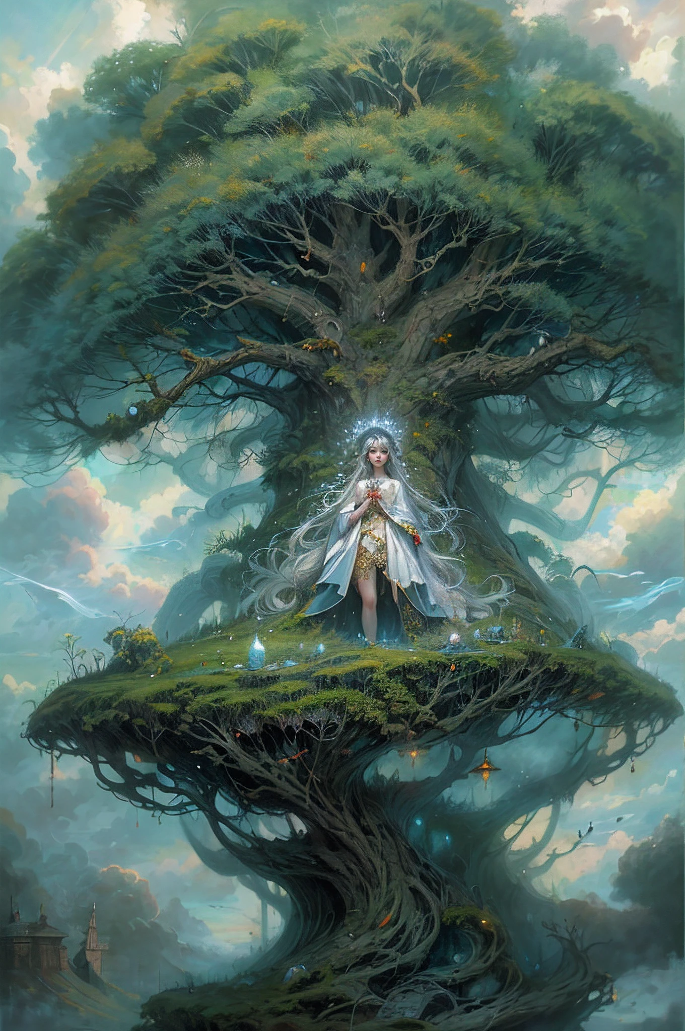 best quality,ultra-detailed,highly detailed,masterpiece,qixl, (1girl), (((full body))), white hair, amber eyes,(red leaves on her body her body and arms and legs :1.3),hanging from a tree in a forest, fantasy card game art, realistic anime artstyle, inspired by Kurt Wenner, white hair floating in air, by Kanō Naizen, in this painting, photosynthesis, as above so below, rule 34, with a tall tree, freya