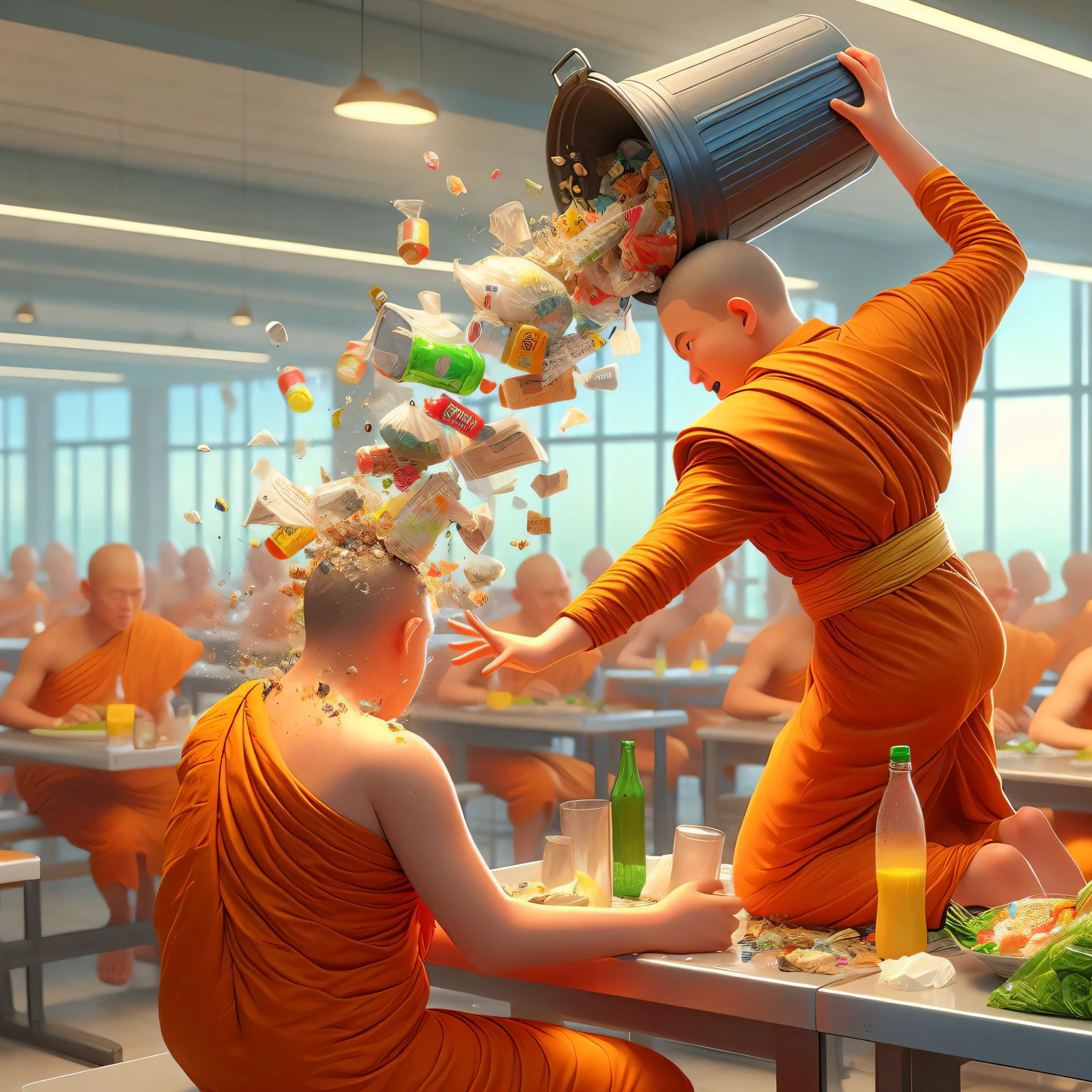 buddhist monks in orange robes are throwing food into a bucket, by Mike Winkelmann, sylvain sarrailh and igor morski, inspired by Mike Winkelmann, 3 d epic illustrations, by Daryush Shokof, highly conceptual figurative art, cyril rolando and goro fujita, beeple. hyperrealism