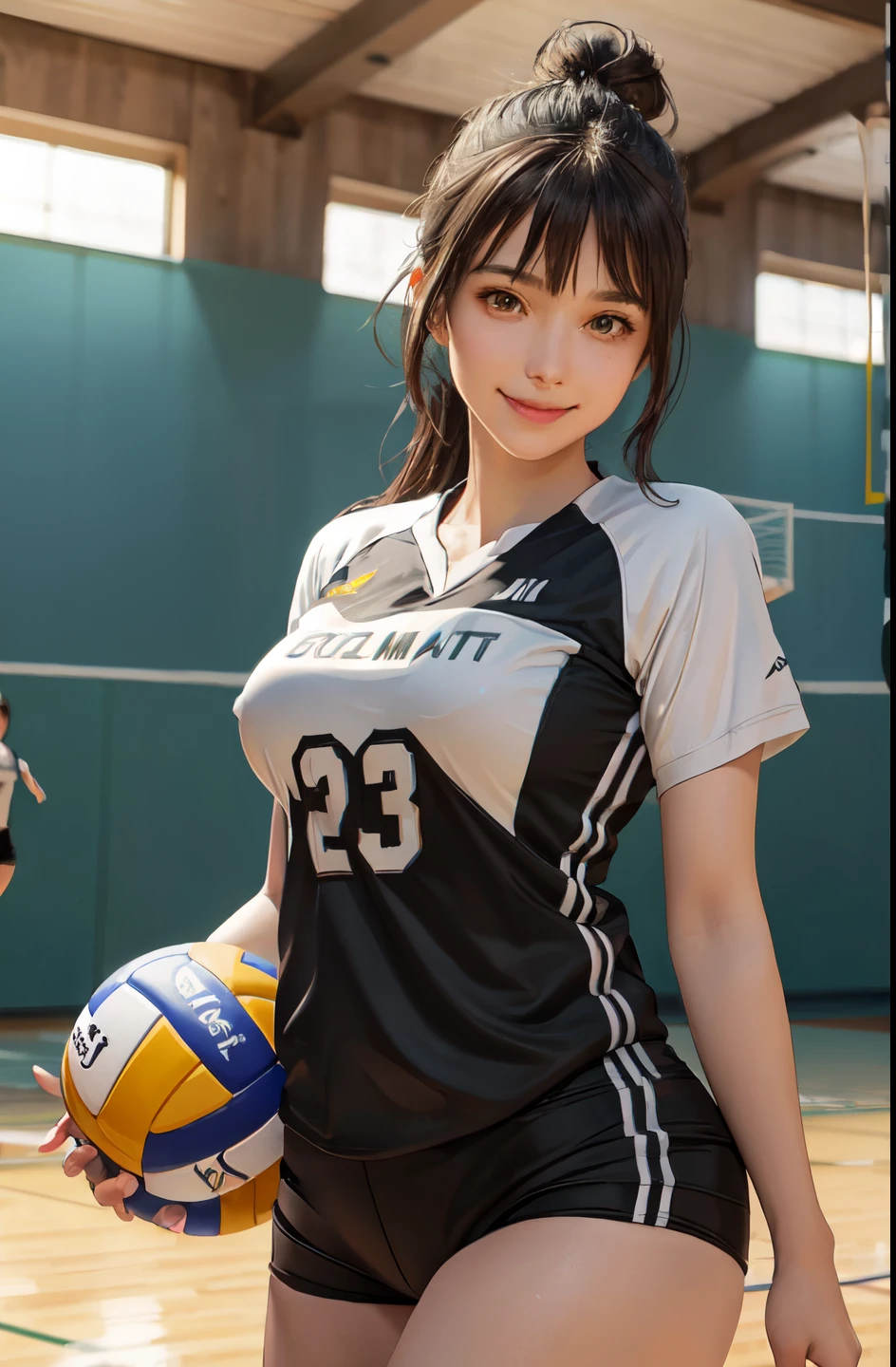 1lady solo, /(volleyball uniform/), /(dark brown hair/) bangs, blush light smile, (masterpiece best quality:1.2) delicate illustration ultra-detailed, large breasts BREAK /(volleyball court indoors/)