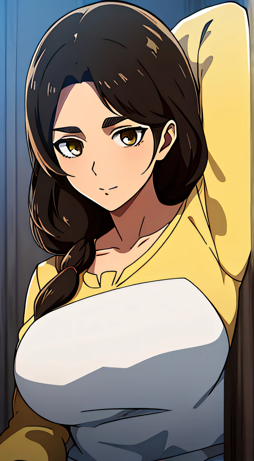Camisa amarilla,escote, 鎖骨, mangas largas,Delantal blanco, cabello negro, brown eyes, flequillo, single braid, 1 girl in, 20yo,Mujer joven,hermoso cuerpo,Hermosa nariz,Beautiful character design, ojos perfectos, Cara perfecta,ojos expresivos, Mirando al espectador,(superior_cuerpo),(primer plano),(Focus on her face), Arte Oficial, face, breasts, big breasts, armpits