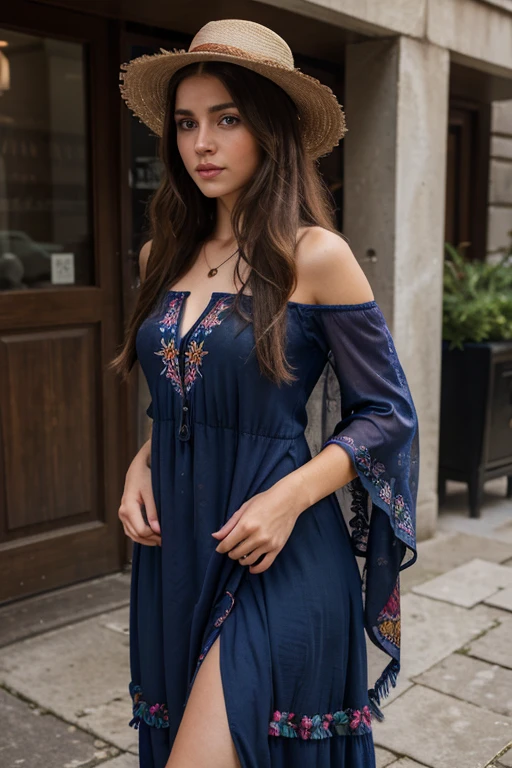 A Young-Adult Female With Long Brown Hair And Dark Blue Eyes. Unreal Engine, Cute, Dress, Seductively Looking Into The Camera, Realistic, Sexy, Attractive., Hyper Detailed, Hyperrealism, Radiant, standing, A trendy young woman An ensemble blending eclectic pieces like a flowy maxi dress adorned with intricate floral embroidery, layered with a fringed shawl. Accessorized with multiple rings and a wide-brimmed hat, emitting a free-spirited aura.