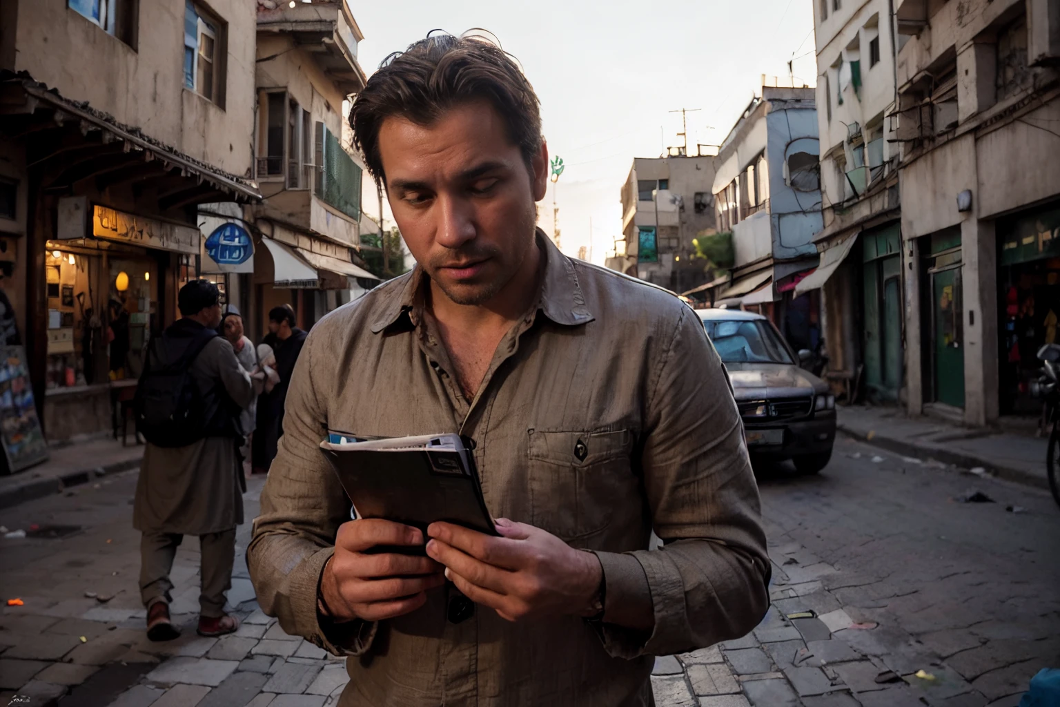 Photo by Steve McCurry, 38 year old (((man))), german journalist Christian Schneider, designer stuble, tired, resignated face expression, ((standig in the streets of Kabul Afghanistan)), (looking at a map), Reading, studies map, wearing khaki linen shirt and jeans,(full body), hot and sunny weather, Natural Lighting, Diffraction Grading, insanely detailed and intricate, hypermaximalist, super detailed, (((wide angle))), F/2.8, Cinematic Lighting, warm lights, intricate details, muscle diffused lighting, centered composition, 24 mm, f 1. 8 lens with leica,