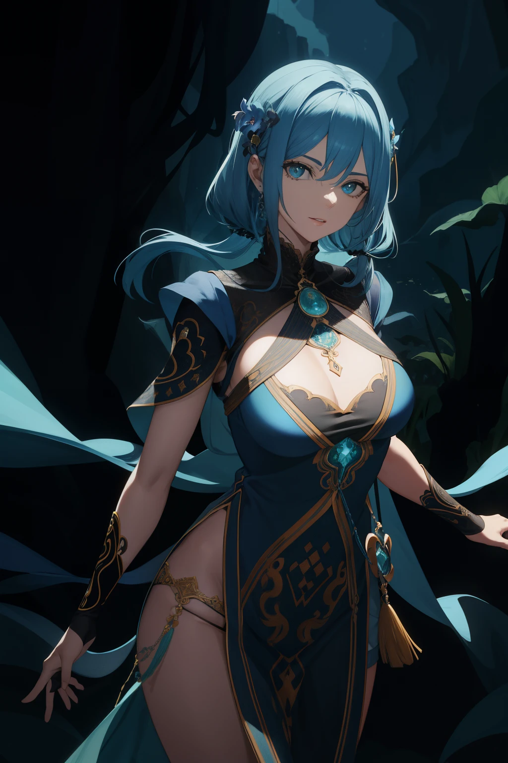 Uma mulher realista, na casa dos 35 anos, com uma tatuagem no corpo, irises of eyes of the same color, olhos muito detalhados, olhos castanhos, com cabelos castanhos escuros, cabelos muito longos, wears a female tunic, dark turquoise tunic, long tunic , fundo fractal, in the background there is a fabric, fundo escuro, studio illumination, Fractal Art