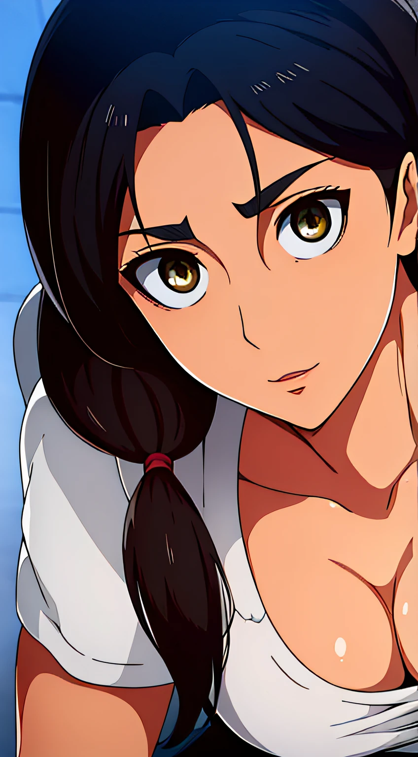 Camisa amarilla,escote, 鎖骨, mangas largas,Delantal blanco, cabello negro, brown eyes, flequillo, single braid, 1 girl in, 20yo,Mujer joven,hermoso cuerpo,Hermosa nariz,Beautiful character design, ojos perfectos, Cara perfecta,ojos expresivos, Mirando al espectador,(superior_cuerpo),(primer plano),(Focus on her face), Arte Oficial, face, breasts, big breasts, armpits