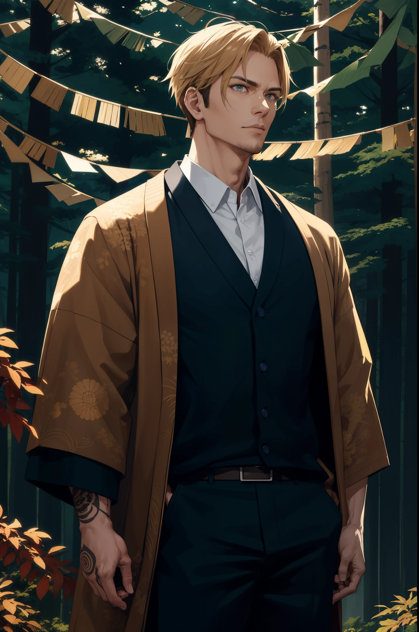 A realistic man, in his 35s, very strong, broad shoulders, with a tattoo on his body, eye irises of the same color, very detailed eyes, brown eyes, with blond hair, very short hair, wearing a Japanese Cardigan and colorful Yukata Jacket , fractal background, in the background there are pine trees, dark background, studio lighting, Fractal Art