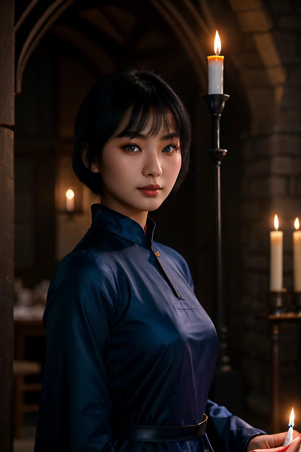 fair complexion, asian woman around 19 years old, natural short black hair, distinctive blue eyes, wearing kohl, slender and graceful, beautiful, candlelight in a medieval setting, ultra sharp focus, realistic shot, medieval female red clothes, tetradic colors