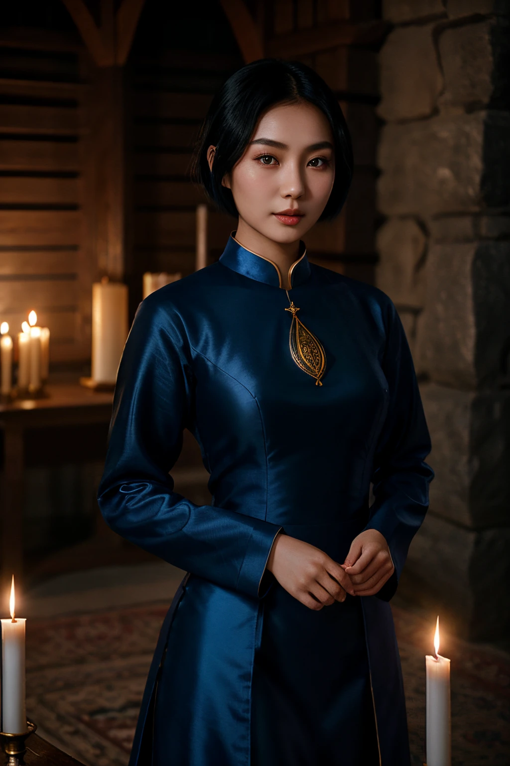 fair complexion, asian woman around 19 years old, natural short black hair, distinctive blue eyes, wearing kohl, slender and graceful, beautiful, candlelight in a medieval setting, ultra sharp focus, realistic shot, medieval female red clothes, tetradic colors