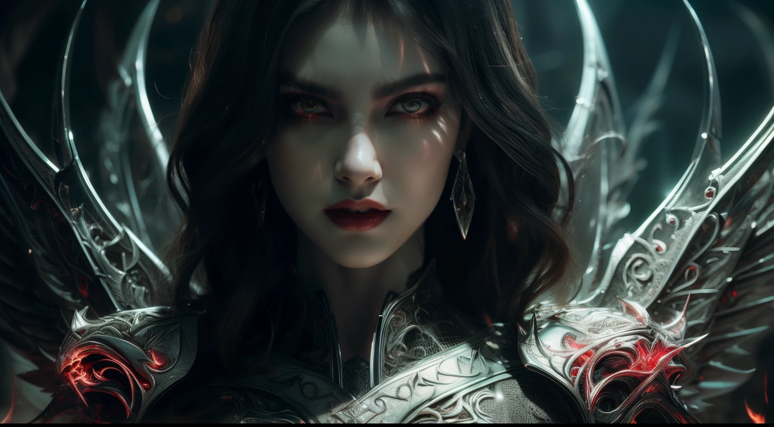 (extremely detailed CG unity 8k wallpaper,masterpiece, best quality, ultra-detailed, beautiful detailed eyes:1.2),best illumination, (best shadow, an extremely delicate and beautiful, bloom),
1gril,solo,red eyes,Heavy armor,long hair,holding sword,Angel wings,black wings,red jewelry,(big wings:1.4),Film filter,Satan, Hellfire,full body,demon,flame,