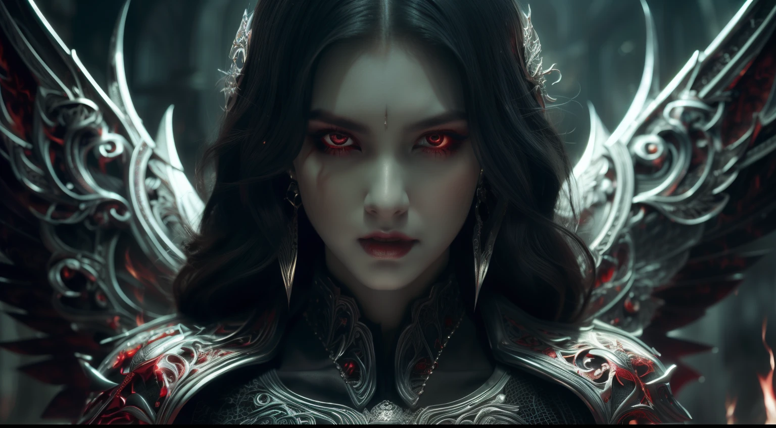 (extremely detailed CG unity 8k wallpaper,masterpiece, best quality, ultra-detailed, beautiful detailed eyes:1.2),best illumination, (best shadow, an extremely delicate and beautiful, bloom),
1gril,solo,red eyes,Heavy armor,long hair,holding sword,Angel wings,black wings,red jewelry,(big wings:1.4),Film filter,Satan, Hellfire,full body,demon,flame,