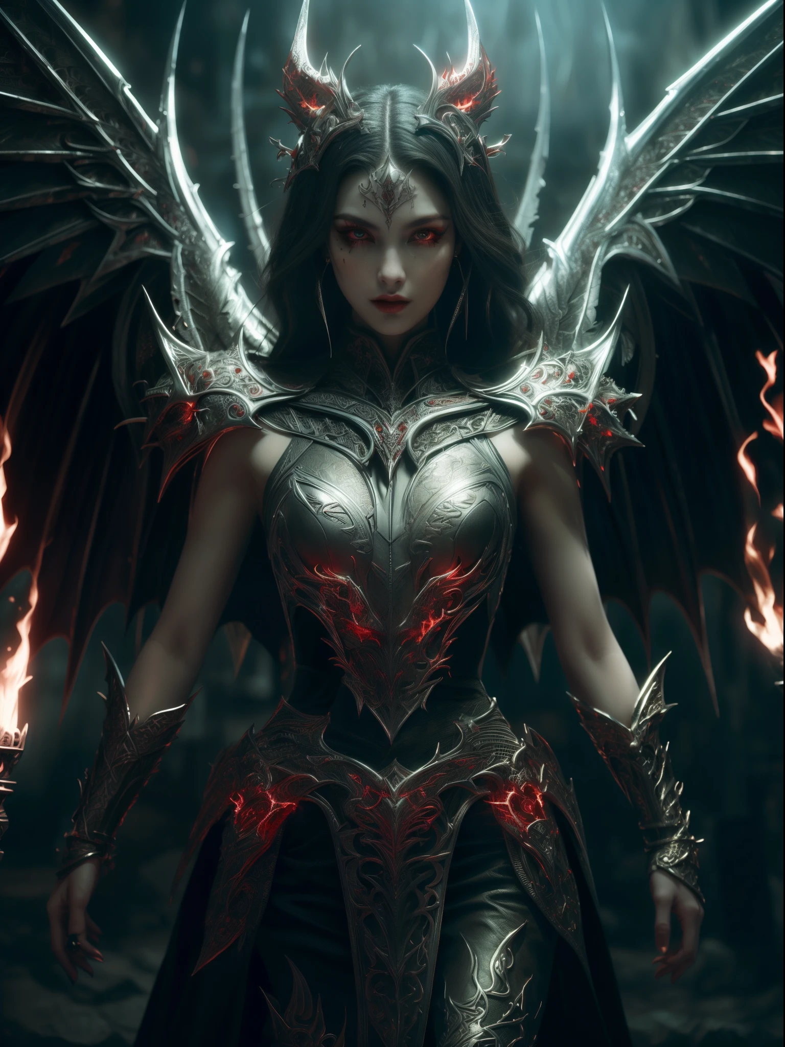 (extremely detailed CG unity 8k wallpaper,masterpiece, best quality, ultra-detailed, beautiful detailed eyes:1.2),best illumination, (best shadow, an extremely delicate and beautiful, bloom),
1gril,solo,red eyes,Heavy armor,long hair,holding sword,Angel wings,black wings,red jewelry,(big wings:1.4),Film filter,Satan, Hellfire,full body,demon,flame,