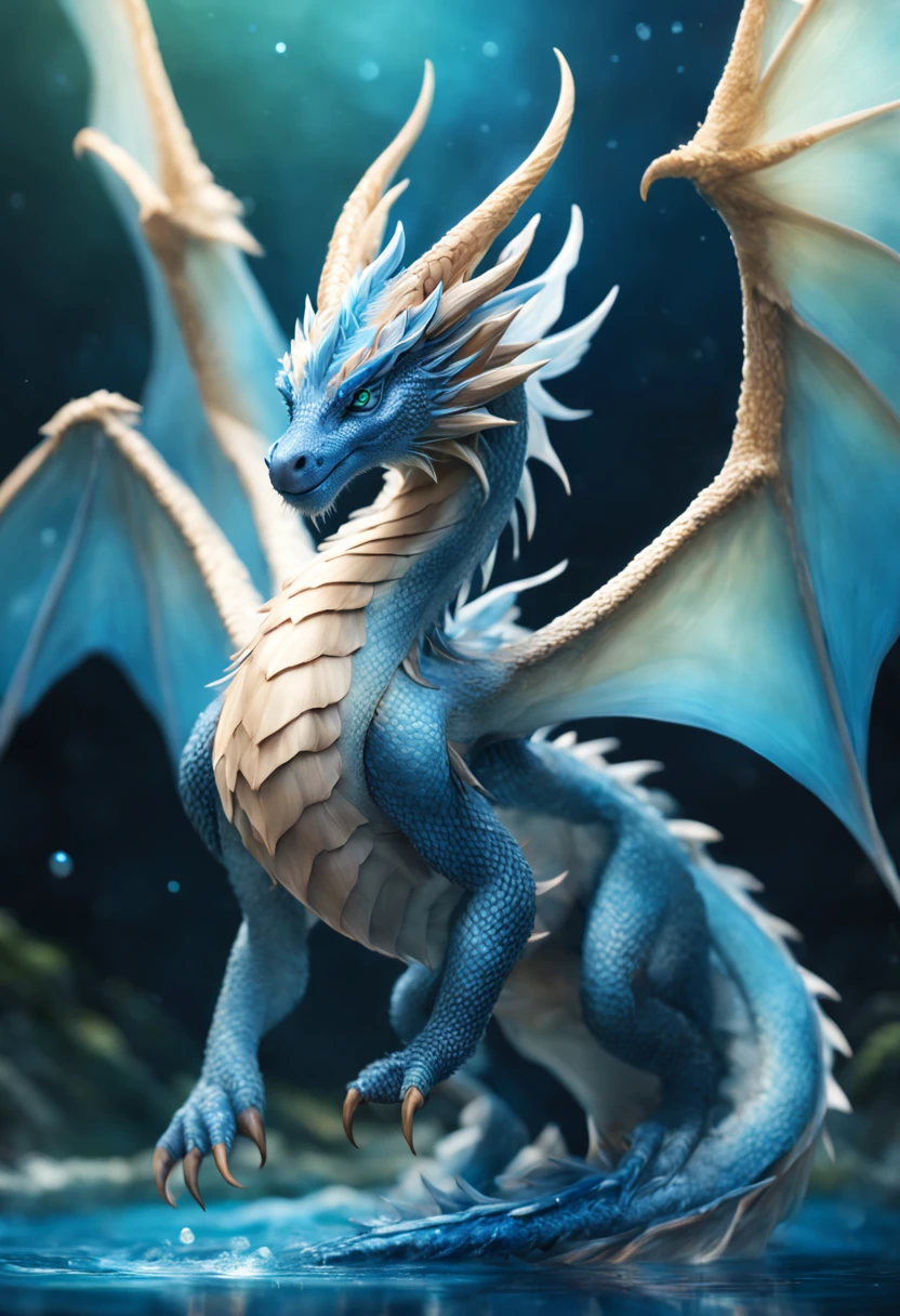 a light blue young dragon lies on the snowy ground, exhausted, the dragon scales dimming to a faint glow. A young female elf with flowing silver hair, wearing warm winter clothing made of green and brown fabrics cradles the dragon in her arms, the elf expresses deep concern and love. Snowflakes fall around them, and the village lights glow warmly in the background.