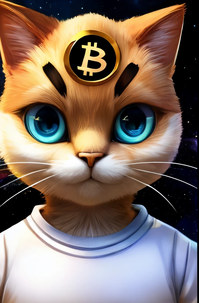 front view cat has bitcoin on its forehead background is space