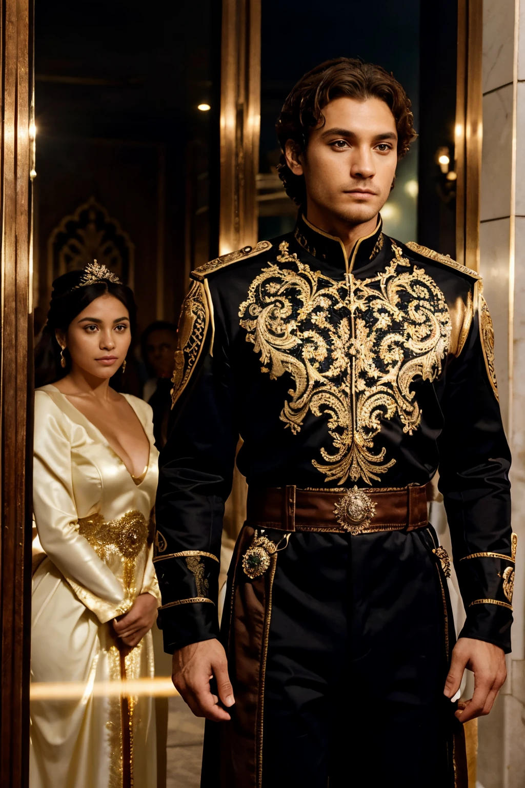 5 EXAMPLES OF THE CORONATION OF THE KING OF BRAZIL, ELE ESTA COM ROUPAS PRETAS RELUSENTES, TEM DETALHES EM METAL PRATA, TEM UM EMBLEMA DA CASA TARGARYEN, His eyes are brown, sua pele morena clara, Her hair is curly and brown, HE IS SHOWING ALL THE DETAILS OF HIS MAGNIFICENCE