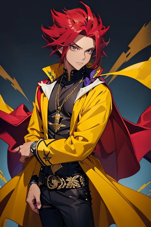um homem com cabelo liso preso com detalhes em amarelo e roxo, com roupa roxa, vermelha e azul,