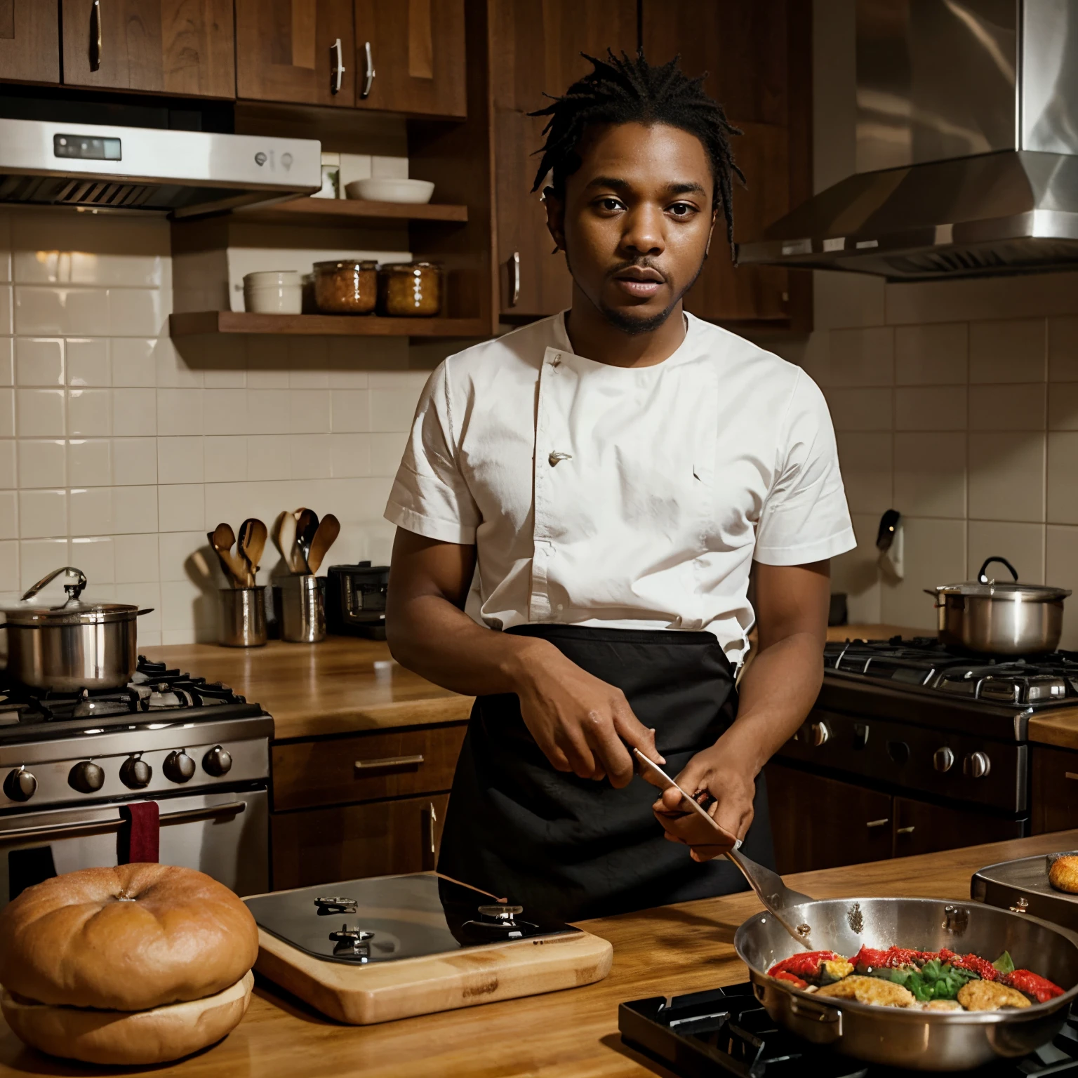 Kendrick Lamar cooking, cooking food, in the kitchen, Kendrick Lamar