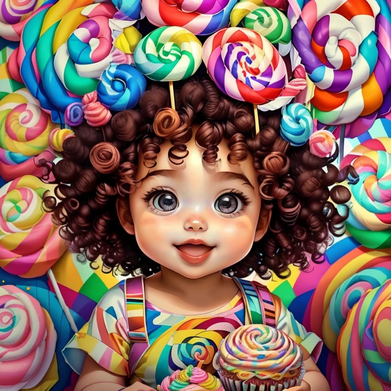 (cute baby girl with curly hair smiling with a big lollipop and cupcakes),(melhor pose),(best angle), (better expression), Eduardo Kobra acolchoamento ,multidimensional geometric wall PORTRAIT, arte, Chibi,
Yang08k, lindo, Colouring,
Primary works, qualidade superior, melhor qualidade, Arte Oficial, Beautiful and Aesthetic, pelos coloridos,