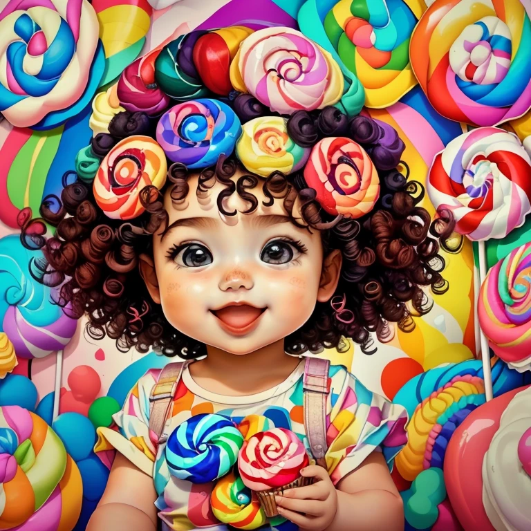 (cute baby girl with curly hair smiling with a big lollipop and cupcakes),(melhor pose),(best angle), (better expression), Eduardo Kobra acolchoamento ,multidimensional geometric wall PORTRAIT, arte, Chibi,
Yang08k, lindo, Colouring,
Primary works, qualidade superior, melhor qualidade, Arte Oficial, Beautiful and Aesthetic, pelos coloridos,