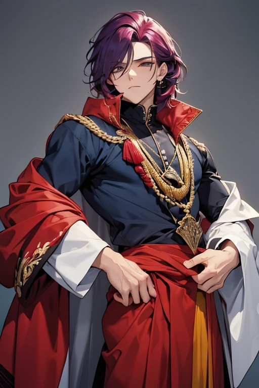 um homem com cabelo liso preso com detalhes em amarelo e roxo, com roupa roxa, vermelha e azul