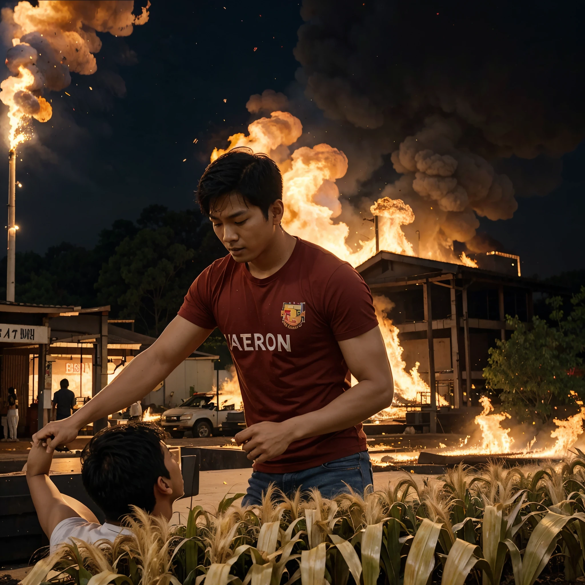 A Korean guy wiping an Indian guy at the farms. Fire in the background and a big poster on fire with 7/11 on it. The farm should be about corn