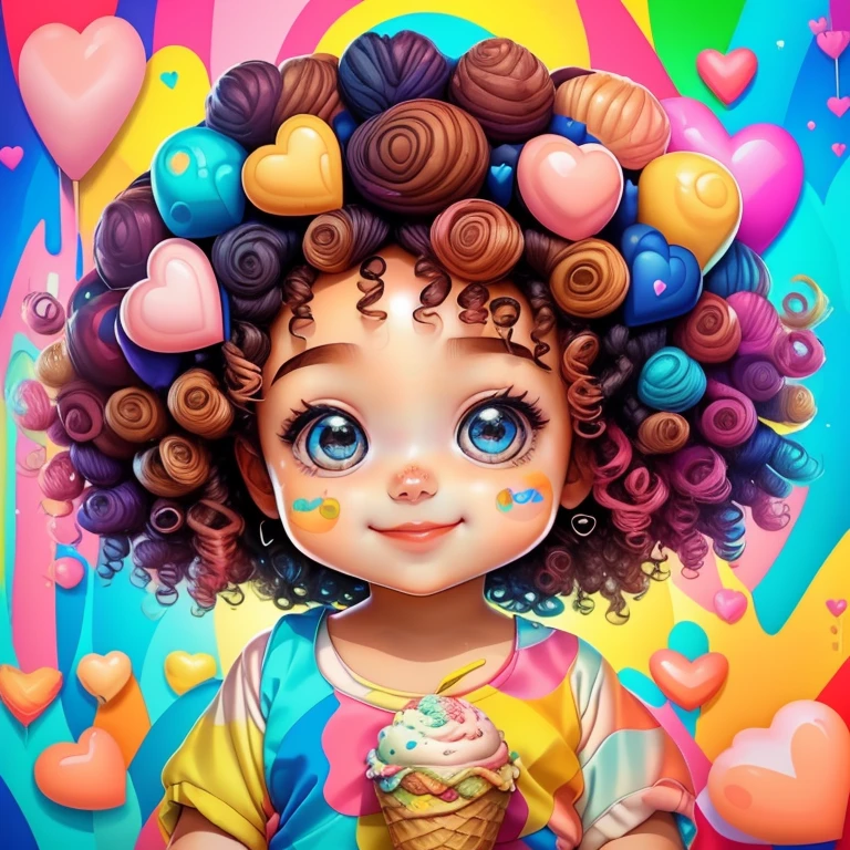 (cute baby girl with curly hair smiling with a big lollipop and cupcakes),(melhor pose),(best angle), (better expression), Eduardo Kobra acolchoamento ,multidimensional geometric wall PORTRAIT, arte, Chibi,
Yang08k, lindo, Colouring,
Primary works, qualidade superior, melhor qualidade, Arte Oficial, Beautiful and Aesthetic, pelos coloridos,