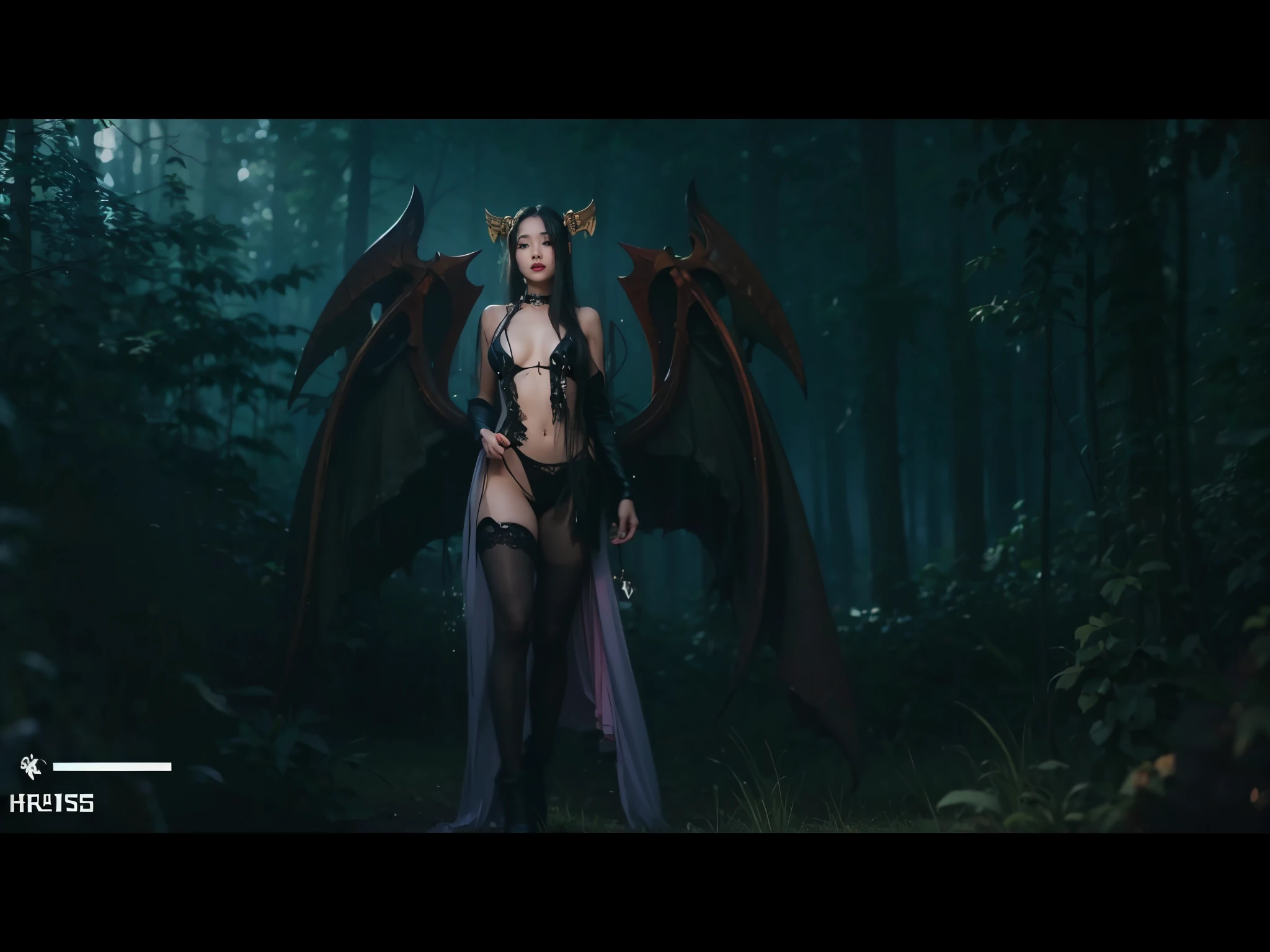 Sexy Asian succubus in dark forest,Bigchest,heavy makeups,feminine charm,long fingernails,bare full body,Emoji seduction